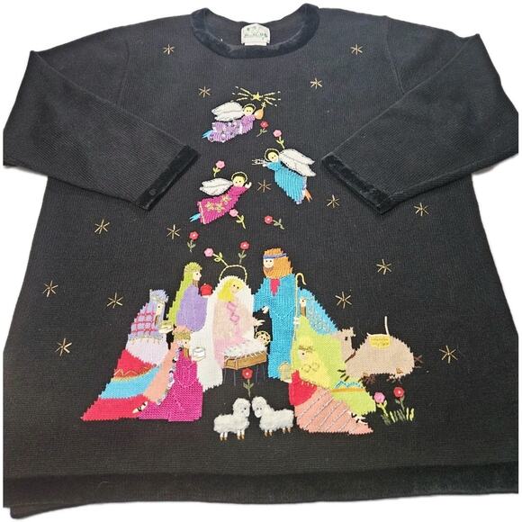 Quacker Factory 2XL Black Christmas Manger Sweater L/S Embellished Detail - Picture 1 of 6